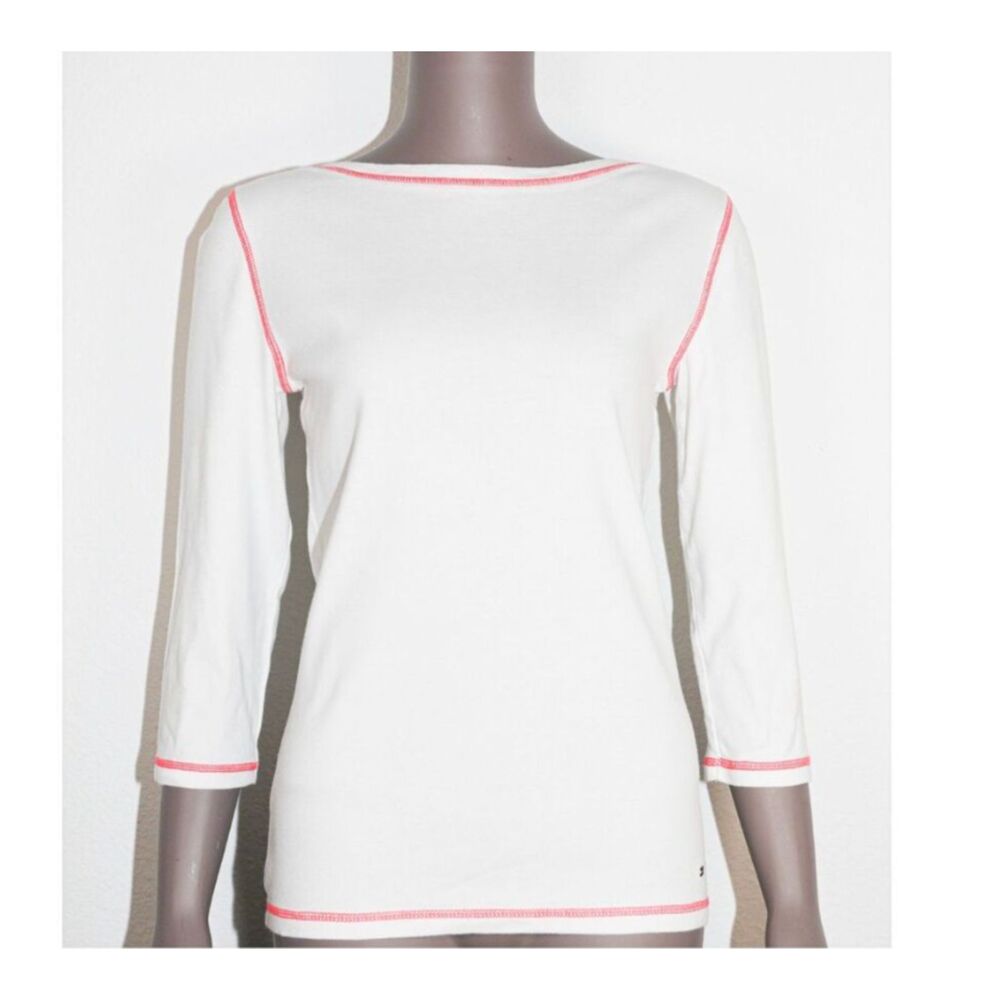 Tommy Hilfiger White‎ Coral Trim Boatneck Top 3/4 Sleeve Casual Womens Size M
